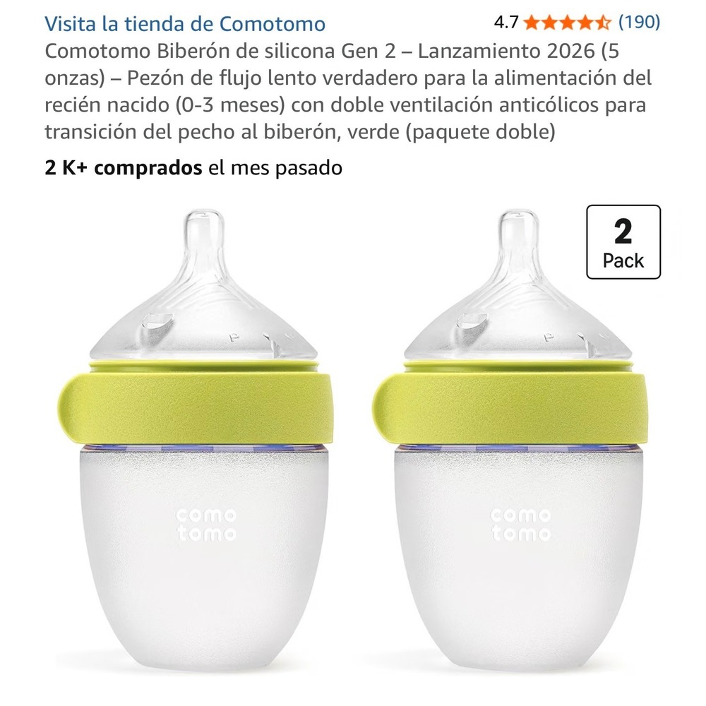 Comotomo Gen 2 Silicone Baby Bottle 2 Pack 5oz Green Slow Flow 0-3 Months